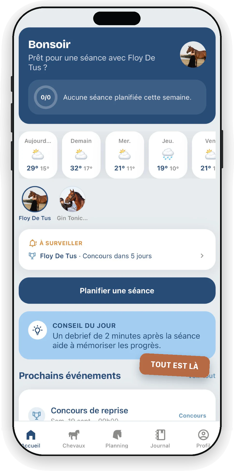 Écran d'accueil de Horsetrack : salutation, météo des prochains jours, chevaux, alerte « Concours dans 5 jours » et bouton « Planifier une séance ».