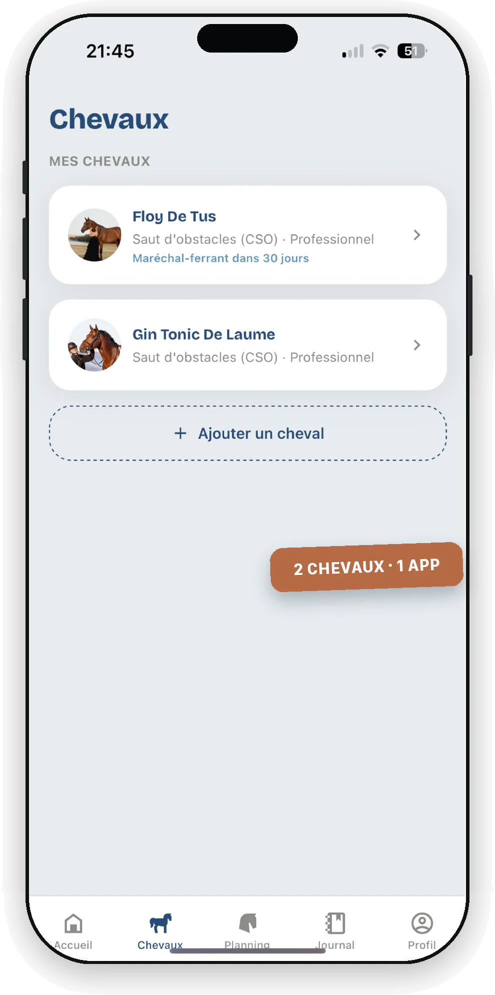 Liste des chevaux : Floy De Tus et Gin Tonic De Laume, avec le prochain passage du maréchal-ferrant.
